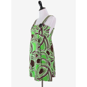 Tibi Size 4 Geometric Print 60s Style Mini Dress Cotton Green Brown